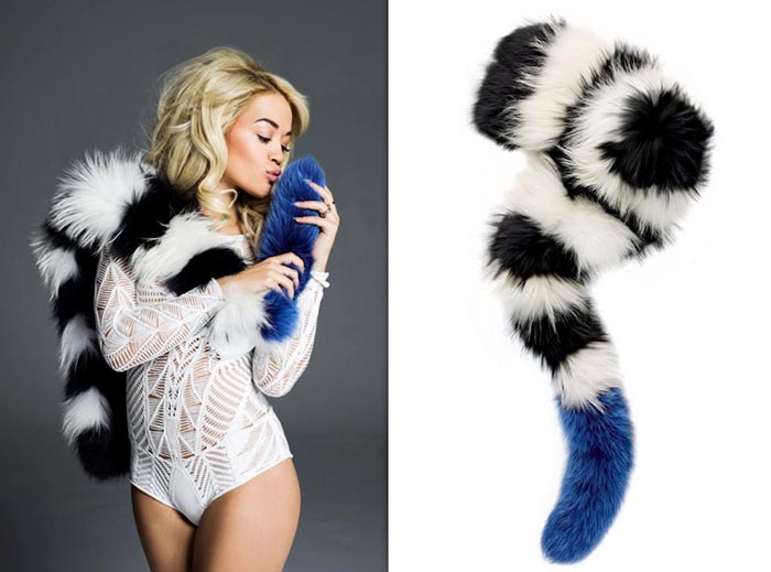 Rita Ora draagt furry sjaal van Charlotte Simone. Bekijk hier de foto's van Rita Ora die een furry sjaal draagt van het mooie label Charlotte Simone.