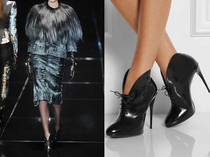 Gucci laarzen: Black Beauty. Alles over de Gucci laarzen van het nieuwe seizoen 2014, Bekijk deze Curved leather lace-up ankle boots met decolleté nu!