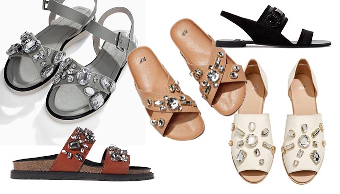 Schoenen trend 2014: sandalen met steentjes. Kristallen, strass steentjes en meer op sandalen. Ontdek deze fashionable schoenen trend van 2014 hier!